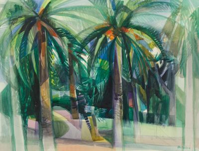 un tableau représentant deux palmiers dans un parc