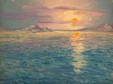 an oil painting of a sunset over a body of water