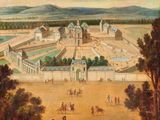 an image of a painting of a palace with horses and riders