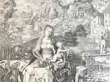 un vieux dessin représentant une femme assise sur un banc avec un enfant