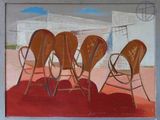 un tableau représentant un ensemble de chaises posées sur un tapis rouge