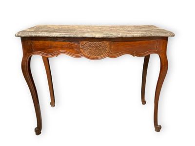 an old wooden table with a marble top on a white background
