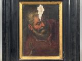 un vieux tableau représentant un homme barbu avec un bout de papier déchiré sur le front