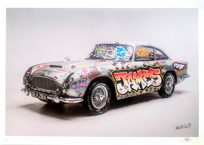 painting of a car with graffiti on the side of it