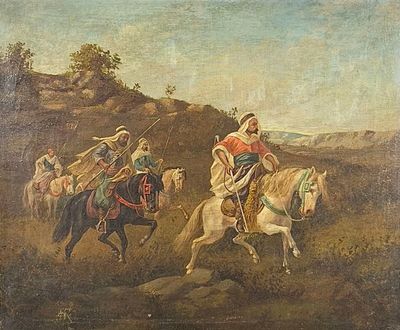 painting of a group of men riding on the backs of horses
