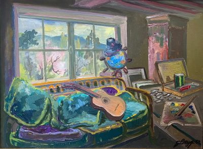 a painting of a guitar sitting on a couch in a living room