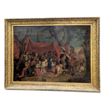 tableau représentant un groupe de personnes rassemblées autour d'une tente dans un décor boisé