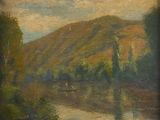 painting of a landscape with a river and hills in the background