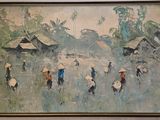 un tableau représentant un groupe de personnes marchant dans un champ