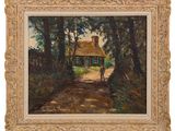 une peinture à l'huile représentant un chalet dans les bois