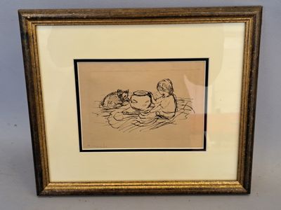 dessin encadré représentant une femme et un chat sur un lit