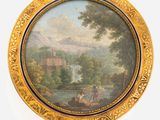 painting of a landscape with a river and a castle in the background