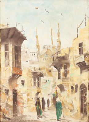 an image of a painting of a street scene with people walking down it