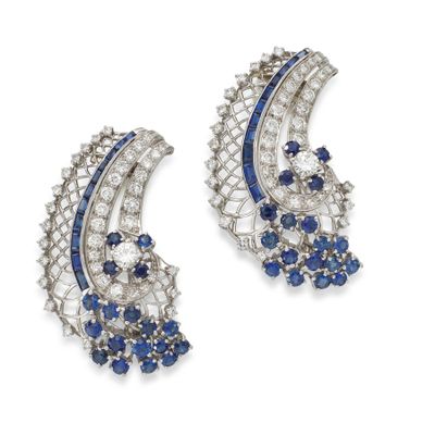 a pair of sapphire and diamond ear clips