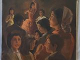 painting of a group of people standing in front of a painting of a woman