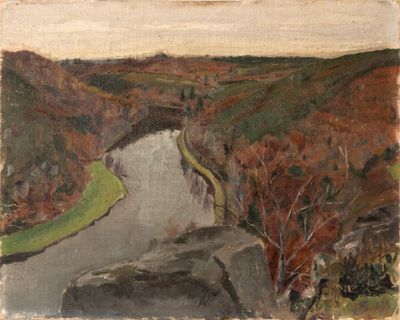an image of a painting of a river running through a valley