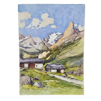 aquarelle représentant un paysage de montagne avec une maison au premier plan