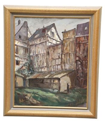 peinture à l'huile d'une scène de rue avec des bâtiments en arrière-plan