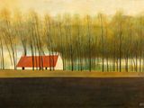 un tableau représentant une maison dans un champ, avec des arbres en arrière-plan