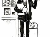 drawing of a man standing in front of a vending machine with his hand up