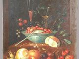 painting of a bowl of fruit and a glass of wine on a table