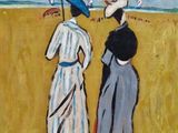 tableau représentant deux femmes marchant sur une plage avec un parasol
