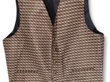a brown vest with black trimming and a black collar