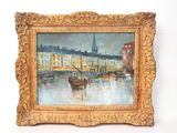 an oil painting of a boat in a harbor with buildings in the background