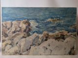 a painting of rocks on the shore of the ocean