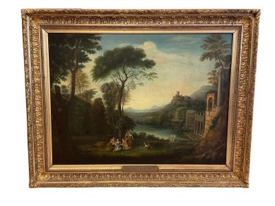 a painting of a landscape with a river and a castle in the distance