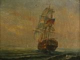 une peinture à l'huile représentant un bateau au milieu d'un plan d'eau