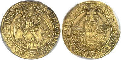 a gold coin with an image of a ship on it
