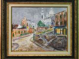 an oil painting of a street scene with a church in the background