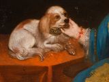 painting of a dog sitting on top of a table next to a person