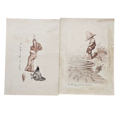 an old book with a drawing of a man and a dog on it
