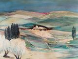 painting of a painting of a landscape with trees and hills