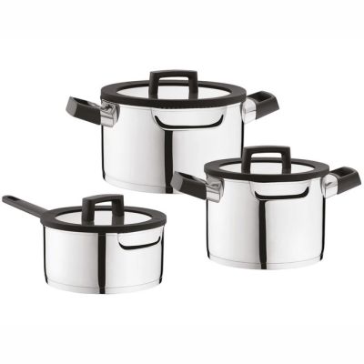 three stainless steel pots with lids and spoons on a white background