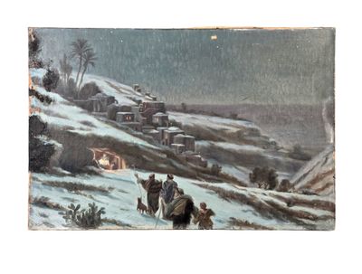 an image of a painting of a man riding a horse in the snow