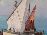 a painting of a boat with people on it in the water