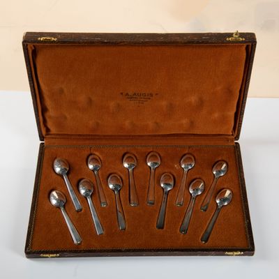 six spoons in a case on a table