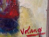 an oil painting of a vase with a red flower in it