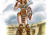 a drawing of a woman in armor holding a sword and shield