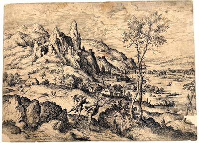 a drawing of a mountain landscape with a village in the distance