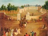 an image of a painting of people riding horses in a courtyard