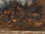 an image of a painting of a rocky landscape with trees in the background