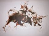 a picture of a painting of a man riding a bull