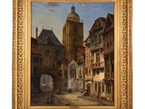 une peinture à l'huile représentant une scène de rue avec une église à l'arrière-plan