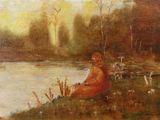 an image of a painting of a woman sitting on a hill by a river