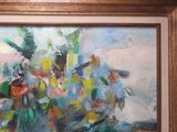 a painting of a vase of flowers on a table