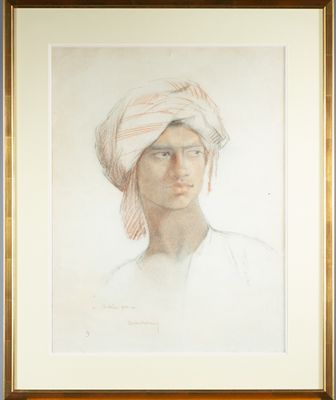 painting of a man with a turban on his head in a frame
